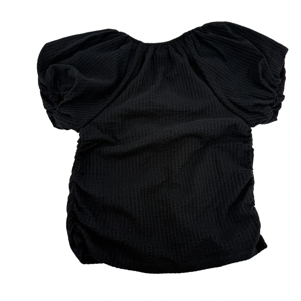 LOFT‎ Seersucker Cinched Bubble Sleeve Black Textured V Neck Top Size Large